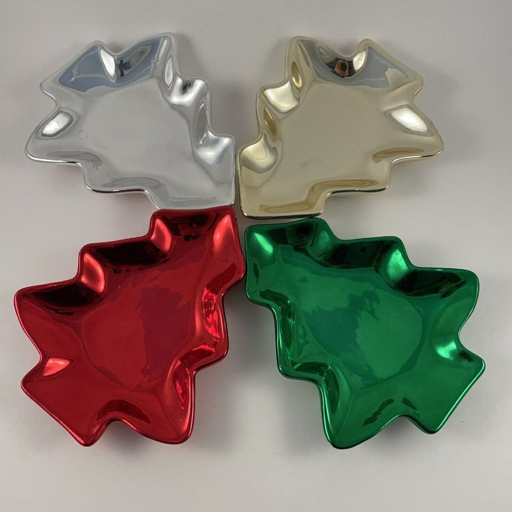 Holiday Tree Plates by Trimmings Etc. 4 Ceramic Metallic Small Serving Plates